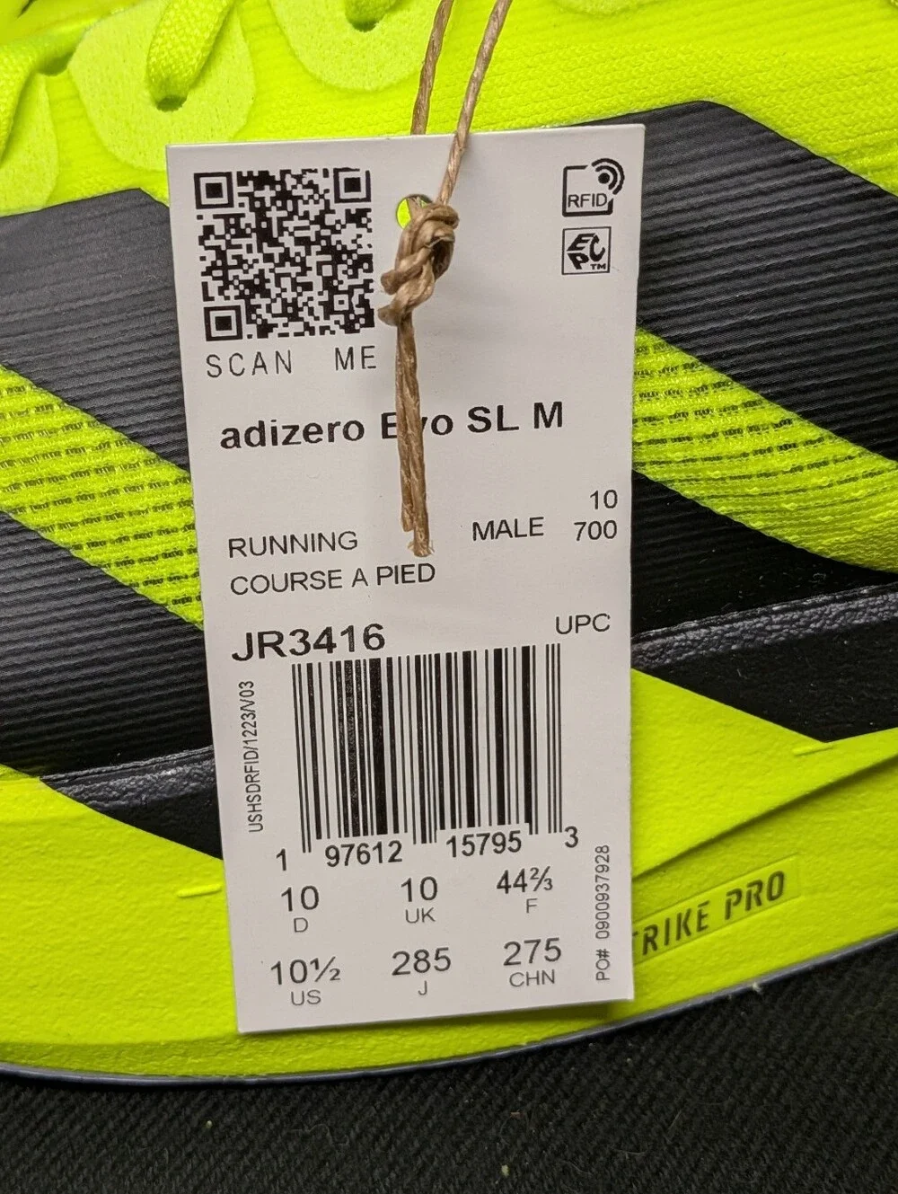 Adidas Adizero EVO SL Woven Shoes, Size 10.5, solar Yellow